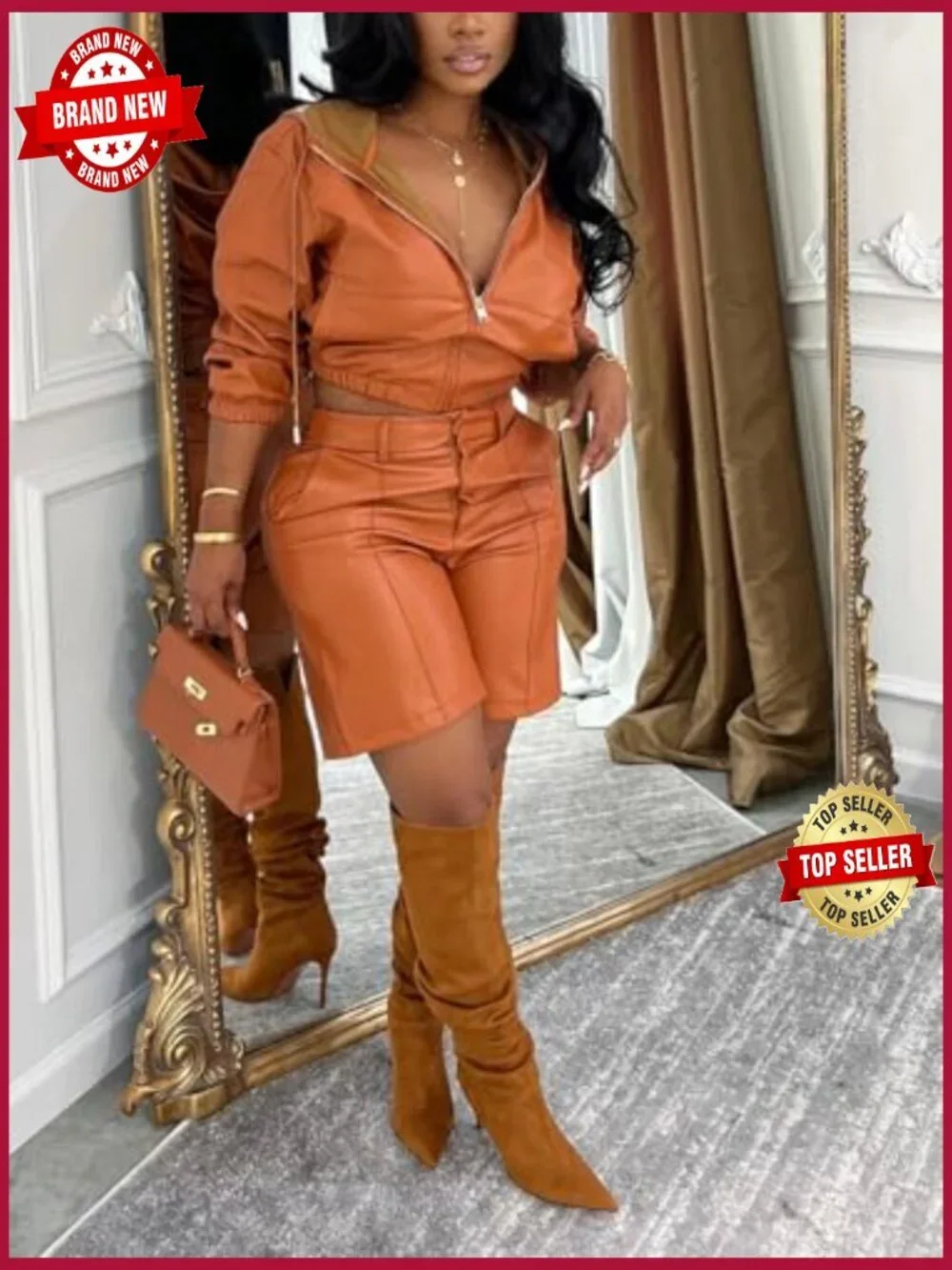 Women's Faux Leather 2 Piece Outfits Hoodie and Shorts Set Party Club Night